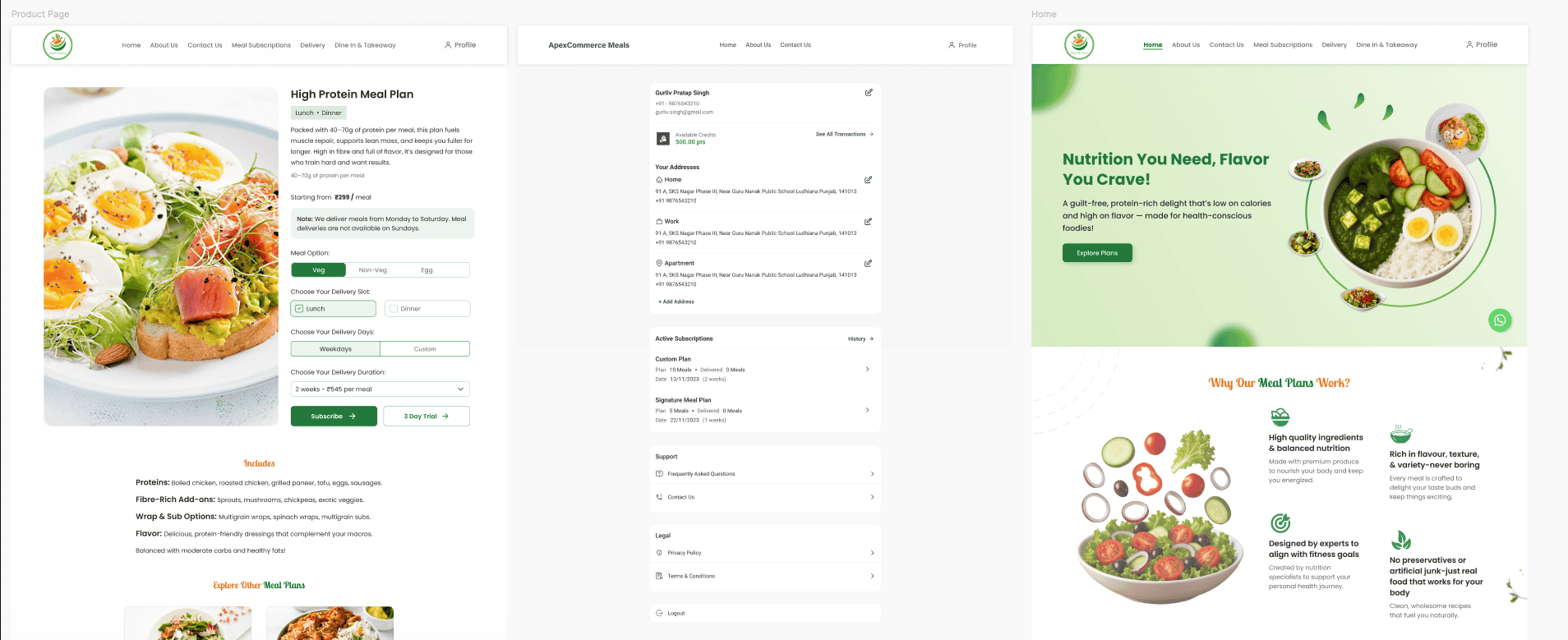 Meal subscription web interface screen